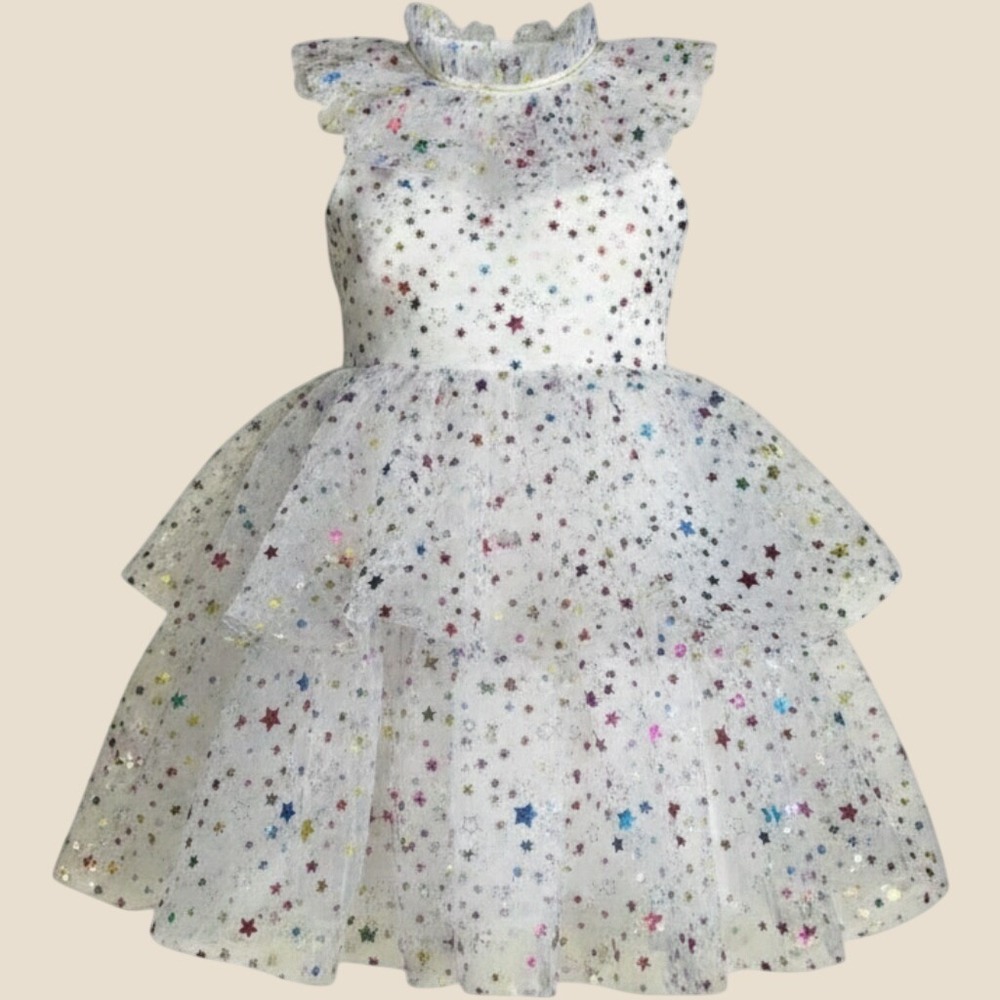 Lola and the Boys White Tulle Tiered Dress Multicolor Metallic Stars Kids 12M